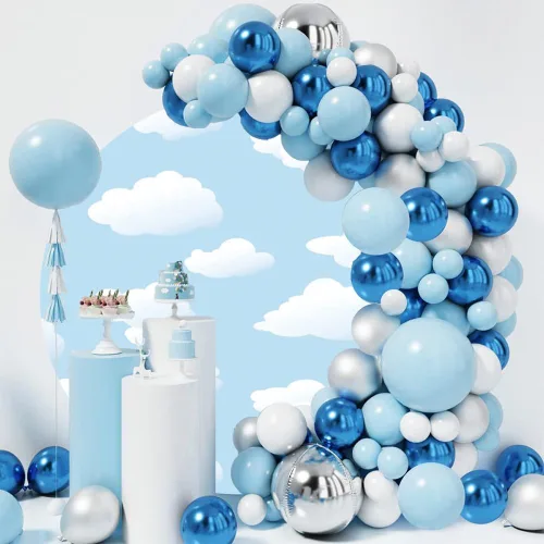 Vista 2 de Telón de fondo redondo de 5 x 5 pies, diseño de cielo azul y nubes blancas, fondo de fotografía de círculo celestial de poliéster para niños, baby
