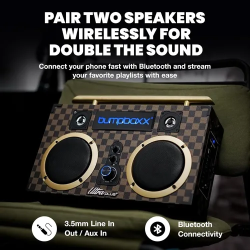 Vista 4 de Bumpboxx Ultra Plus Retro Boombox con altavoces Bluetooth, Boombox de la vieja escuela hasta 12 horas de reproducción y emparejamiento estéreo TWS