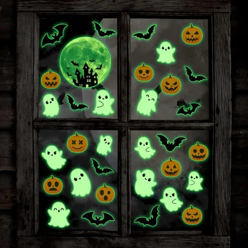 Vista 13 de 3 hojas de calcomanías luminosas de murciélago de Halloween que brillan en la oscuridad, calcomanías luminosas de murciélagos de Halloween