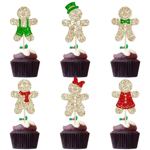 Vista 38 de Gyufise 24 piezas Adornos de pastel para revelación de género de Navidad con purpurina, sombrero navideño de Navidad, adorno de pastel de él o ella