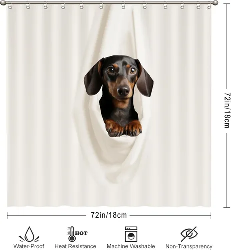 Vista 3 de Cortinas de ducha clásicas divertidas – Dachshund descansando en tela blanca colgada de poliéster tela de poliéster decoración de baño con ganchos