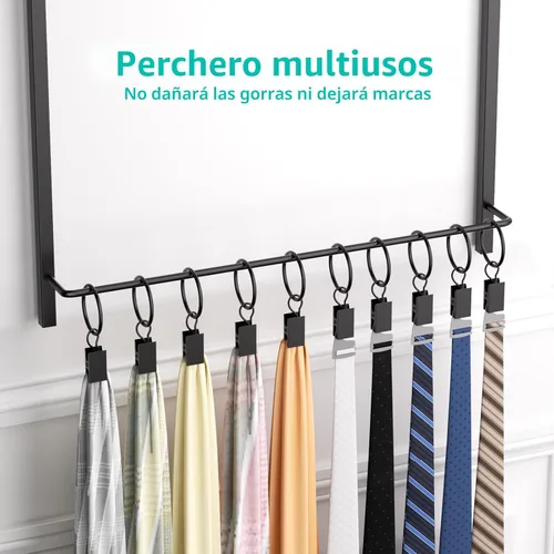 Vista 3 de HapiRm Perchero para Puerta - Organizador de Sombreros de 3 Niveles Montado en la Pared con 16 Ganchos y 10 Clips Móviles, Organizador de Sombreros