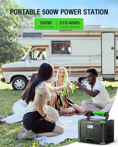 Vista 7 de Estación de energía portátil de 500 W, 519.48 Wh/140400 mAh, generador solar, batería de litio de reserva, fuente de alimentación con 2 salidas