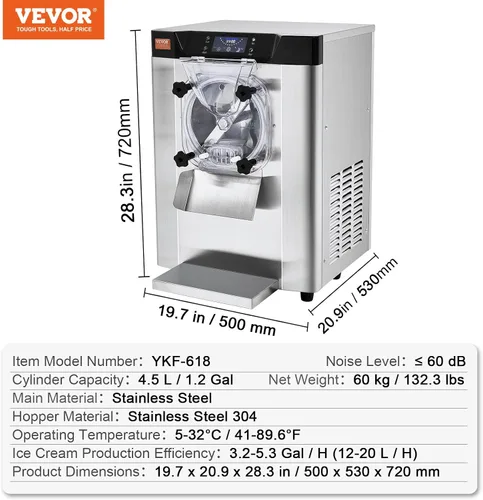 Vista 7 de VEVOR Máquina Comercial para Hacer Helados, Rendimiento de 12 L/H, 1713W Máquina para Helados Duros de Un Solo Sabor de Encimera, Cilindro de Acero