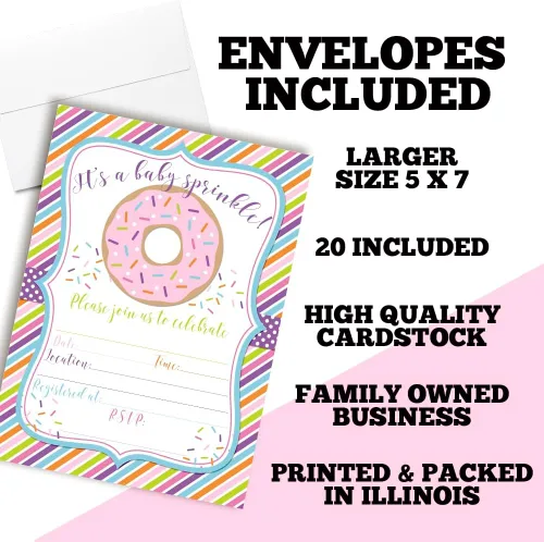 Vista 2 de Amanda Creation Donut Baby Sprinkle Invitaciones, paquete de 20 invitaciones de espolvoreo de bebé de 5 x 7, tarjetas de relleno de doble cara