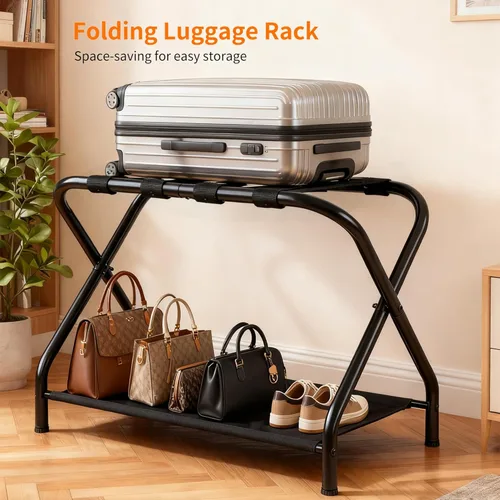 Vista 6 de Heybly Portaequipajes, paquete de 2, soporte plegable de acero para maleta con estante de almacenamiento para dormitorio, hotel, marco de acero