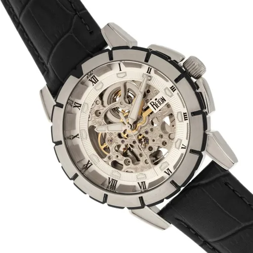 Vista 3 de Reign Philippe Reloj automático con esfera de esqueleto y correa de cuero, plateado, REIRN4603, Negro