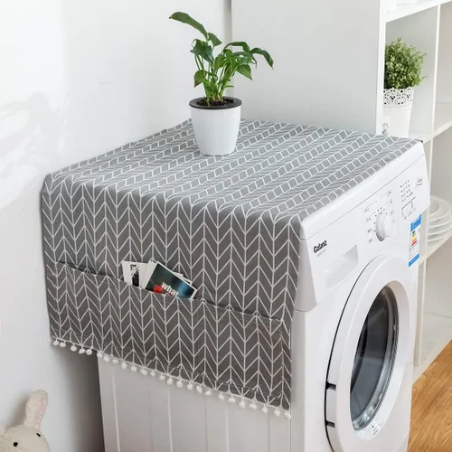 Vista 13 de vctops Funda de algodón y lino con estampado bohemio para nevera, a prueba de polvo, pompones, cubierta superior de lavadora multiusos con 6
