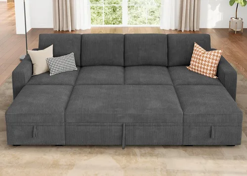 Vista 22 de HONBAY Sofá cama modular, sofá cama modular de pana extraíble con almacenamiento, sofás seccionales en forma de U para sala de estar, color azul