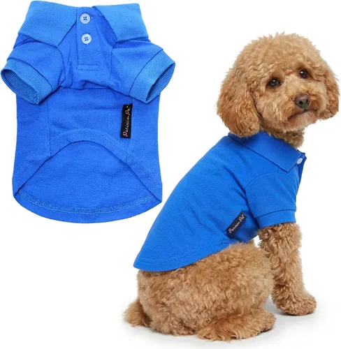 Vista 28 de Camisas Polo Parisian Pet - Camisa de Algodón Transpirable para Perros - Azul Sólido, Ropa de Verano con Capucha - Cuello con Botón para Perros