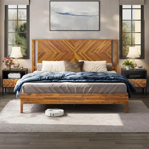 Vista 16 de Estructura de cama Queen en forma de trapecio de Bme – Cama moderna de madera maciza con cabecero de patrón suave, patas de metal negro, acabado
