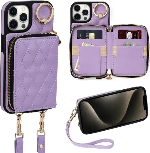 Vista 48 de Funda para iPhone 12 Pro/iPhone 12 de 6.1 pulgadas, cartera cruzada con cremallera para mujer, tarjetero con bloqueo RFID, funda de cuero con Negro
