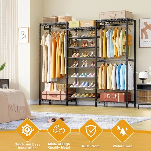 Vista 3 de ULIFHOME E16 - Perchero de ropa resistente (con zapatero ajustable de 7 niveles), perchero independiente para colgar ropa, organizador