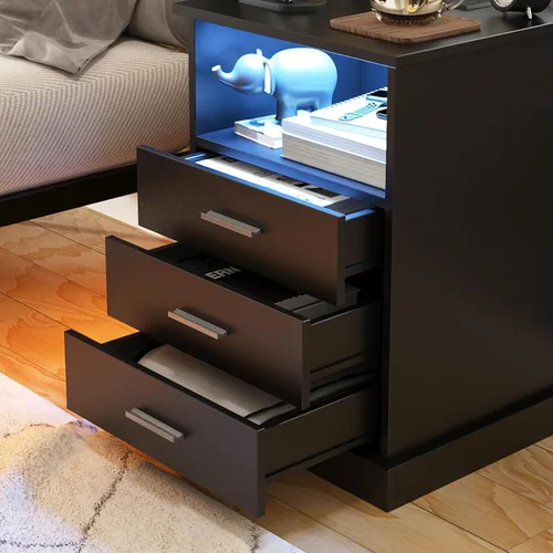 Vista 5 de Juego de 2 mesitas de noche negras con estación de carga, luces LED, mesa auxiliar con 3 cajones, mesa auxiliar moderna con tiras USB