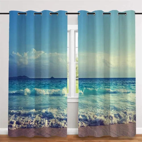 Vista 8 de Cortina opaca con ondas oceánicas, cortina para ventana de playa, 2 paneles para dormitorio, sala de estar, cocina, 52 x 63 pulgadas