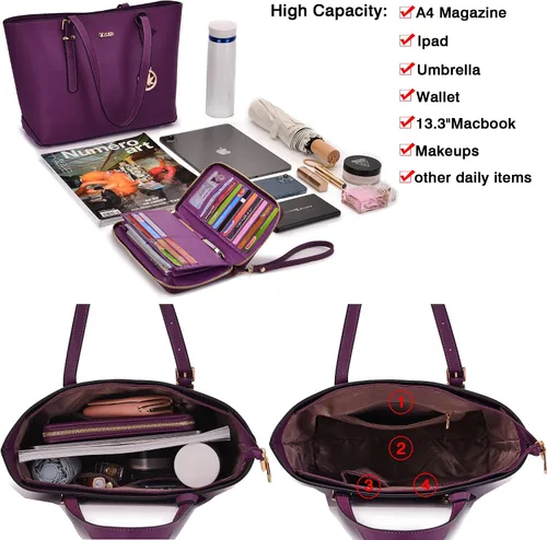 Vista 4 de Qiyuer - Bolsos para mujer, carteras, juegos de bolsos con asa superior, bolsos de hombro, bolso de mano, bolso de trabajo con cartera a juego, 3