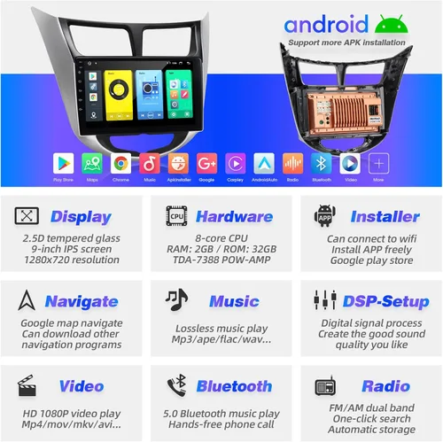 Vista 3 de Pantalla táctil Android compatible con Carplay Android Auto, radio de coche, estéreo, Bluetooth, navegación, reproductor multimedia, GPS, WiFi