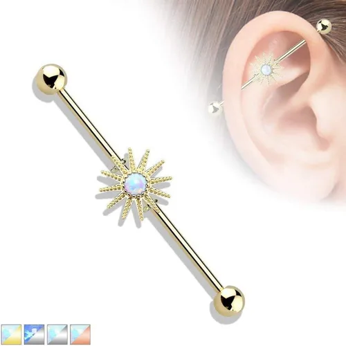 Vista 4 de Covet Jewelry Barra industrial de acero quirúrgico con forma de explosión solar Opal Center