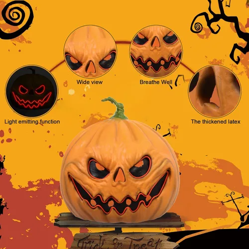 Vista 4 de HugOutdoor Máscara de calabaza aterradora de Halloween, mascarada, cosplay, luz LED, calabaza de látex, máscara de cabeza completa para fiesta