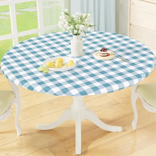 Vista 13 de misaya Mantel redondo ajustable con borde elástico, mantel de vinilo impermeable a cuadros de búfalo con parte trasera de franela para mesas