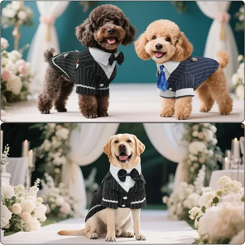 Vista 3 de DENTRUN - Traje de esmoquin para perro con corbatín - Camisa formal de disfraz para mascotas a rayas en negro y blanco, elegante atuendo de boda
