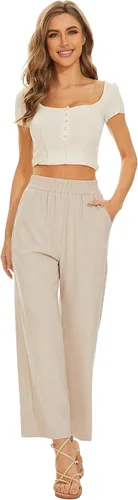 Vista 2 de Pantalones básicos de lino para mujer, cintura elástica, pierna ancha, pantalones casuales con bolsillos