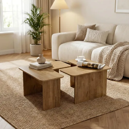 Vista 7 de Juego de 2 mesas de centro anidables modernas, de madera natural, en forma de L, para sala de estar, mesa auxiliar pequeña con mesa central ligera