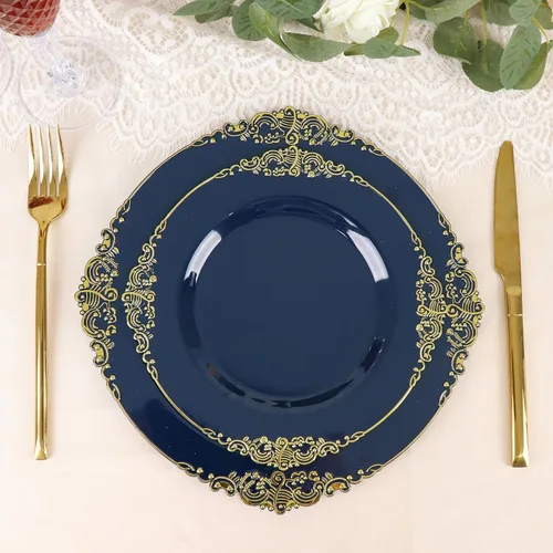Vista 16 de Paquete de 10 platos redondos de plástico barroco dorado de 8 pulgadas para ensalada de postre, vajilla desechable con borde dorado en relieve