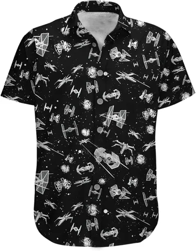 Vista 2 de GLANRA Camisa hawaiana tropical con patrón de acorazados espaciales manga corta con botones camisa de playa para vacaciones camisa unisex