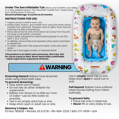 Vista 7 de Mommy's Helper Bañera inflable bajo el mar, bañera plegable y segura para bebé con asiento antideslizante de cuerno de sillín para niños, baño