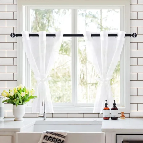 Vista 4 de Hiasan - Cortinas traslúcidas de gasa cortas semitransparentes con ojales y alzapaños filtrantes de luz para ventana, dormitorio, baño, 2 paneles