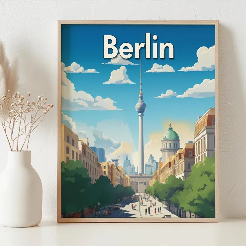 Vista 3 de Berlin TV Tower Germany Framed 11x14 Poster - Colorful Cityscapes: Illustrated Posters of Global Landmarks - Stylish Travel Decor - Great Gift