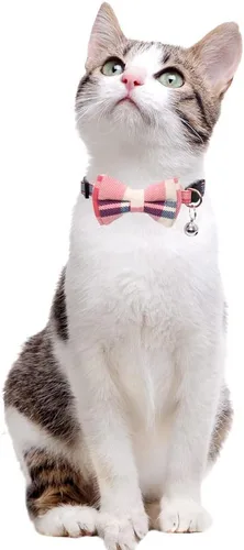 Vista 3 de Juego de 4 collares de gato con bonito pajarita y campana a cuadros para gatito ajustable de seguridad
