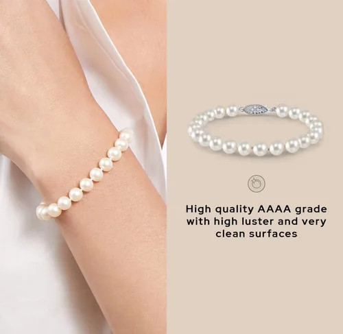Vista 4 de The Pearl Source Pulsera de perlas blancas de agua dulce para mujer, pulsera de perlas cultivadas con cierre chapado en oro de 14 quilates