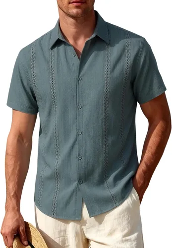Vista 11 de JEMITOP Camisa de guayabera cubana para hombre, casual, con botones, manga corta, para verano, crucero, playa, vacaciones