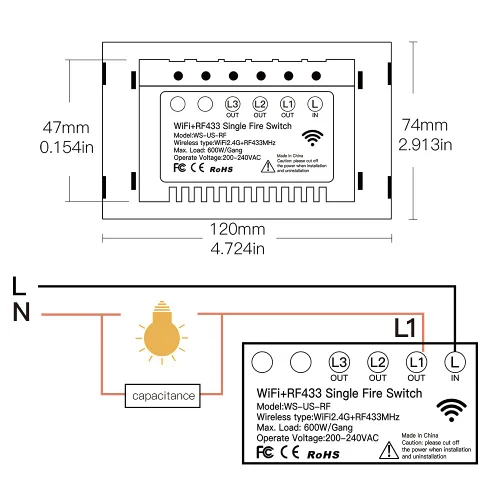 Vista 7 de MOES Smart switch táctil de cable único 2ª generación WiFi RF433, no necesita cable neutro, compatible con Smart Life/Tuya App, Alexa y Google Home