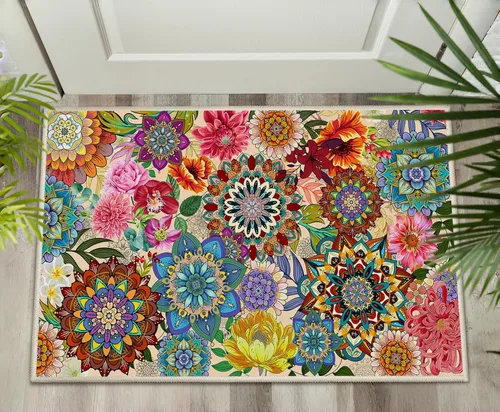 Vista 2 de Alfombra Floral Boho 2x3, Alfombra de Entrada Interior con Flores Coloridas Antideslizante Alfombra Pequeña para Área de Entrada Cocina Baño