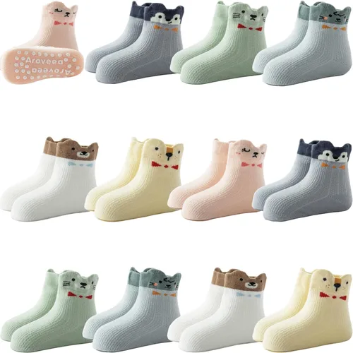 Vista 47 de Calcetines antideslizantes con agarre para tobillos, paquete de 12 unidades para niños pequeños, niños y niñas, lindos calcetines de algodón