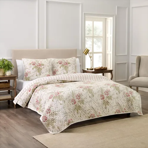 Vista 51 de Waverly Forever Peony - Juego de edredón de 4 piezas, 100% algodón, estampado floral de bayas, tamaño matrimonial/queen, con 2 fundas de almohada