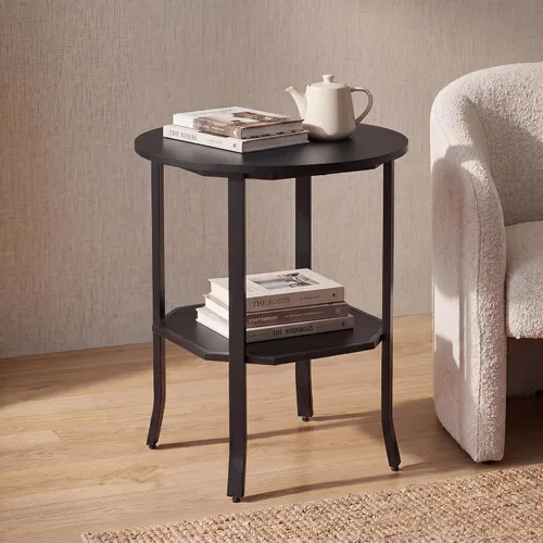 Vista 2 de Tangkula 2-Tier Round Side End Table, Small Nightstand with Storage Shelf, Industrial Modern Bedside & Sofa Side Table for Small Space, Bedroom