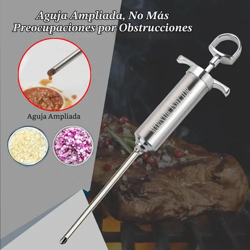 Vista 4 de Inyector de carne de acero inoxidable con 4 agujas de inyector de adobo profesional para parrilla, ahumador, barbacoa, manual de usuario, libro