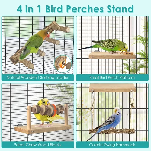Vista 6 de DBNESS 4 perchas para pájaros con columpio, escalera de loro con bloques para masticar, jaula de pájaros, accesorios de gimnasio para conure