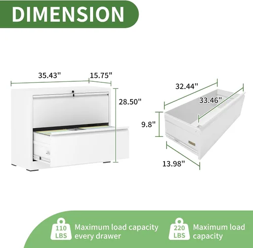 Vista 3 de Archivador de 2 cajones, archivador lateral de metal con cerradura, gabinete organizador de almacenamiento de oficina en casa para archivos de Blanco