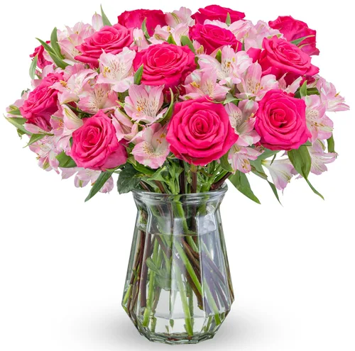 Vista 11 de Benchmark Bouquets - Rosas clásicas y alstroemeria (jarrón de cristal incluido) - Flores frescas para entrega al día siguiente - Regalo