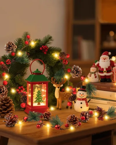 Vista 7 de Luditek Guirnalda de Navidad con luces, guirnalda preiluminada de 6.4 pies, funciona con pilas, decorada con 20 luces LED, bayas rojas, conos