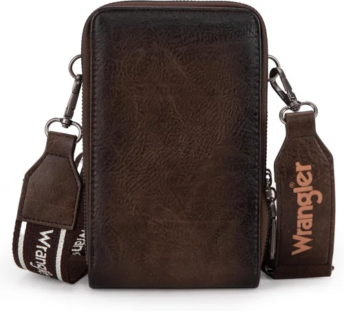 Vista 4 de Wrangler Bolsos cruzados pequeños para mujer, bolso cruzado para teléfono celular, cartera con ranuras para tarjetas de crédito WG117-207CF, B Café
