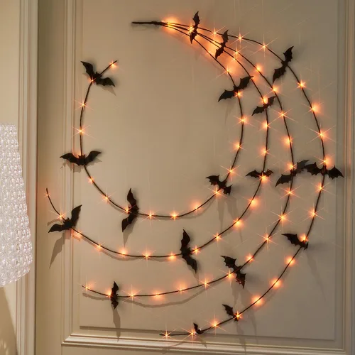 Vista 3 de Fudios Guirnalda de Halloween iluminada para decoración de pared, guirnalda de luces negras con temporizador, naranja o blanco cálido, 80 LED de 6