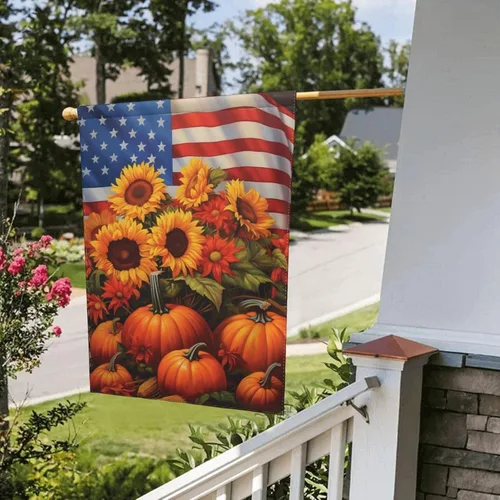 Vista 5 de Bandera de Estados Unidos, calabazas y girasoles, bandera de jardín, otoño, vacaciones, bienvenida, patio, granja, exteriores, banderas decorativas