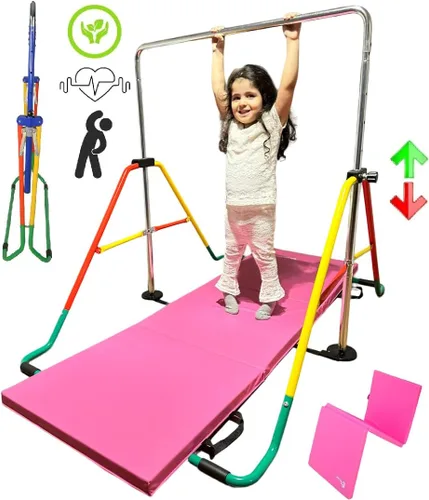 Vista 3 de Barra de entrenamiento de gimnasia para niños, barra plegable expandible 5 en 1 + alfombrilla de 6 x 2 pies, asiento de columpio, 2 anillos