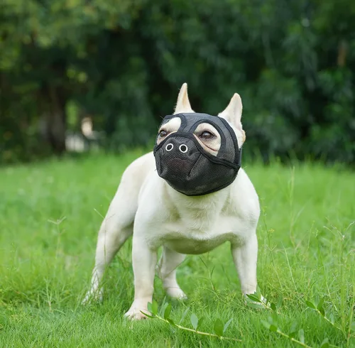 Vista 2 de Bozales cortos para perros – Bozal para bulldog de malla transpirable ajustable que puede sacar la lengua y beber agua, antimordidas y entrenamiento